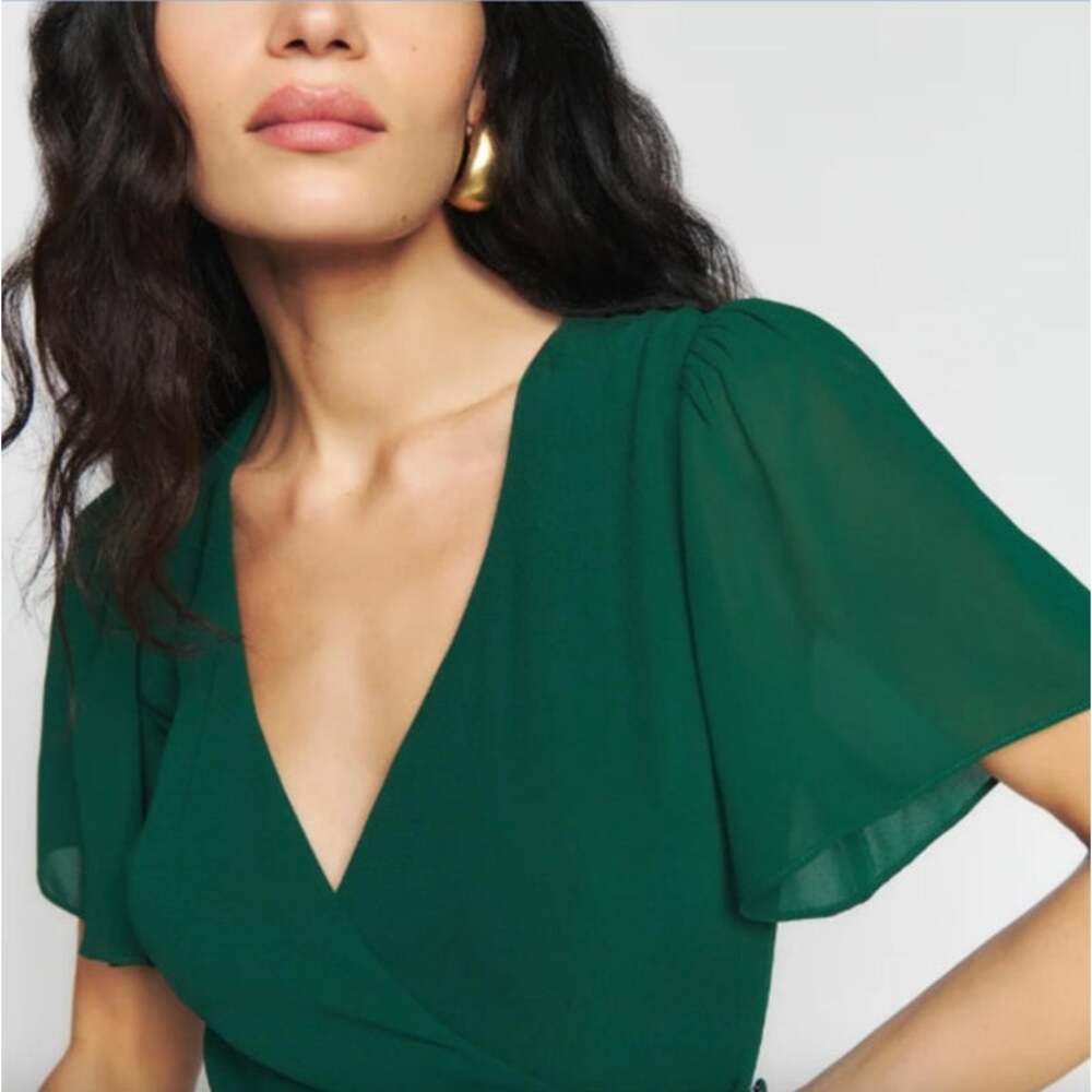 REFORMATION Dress Size XS / S Maxi Emerald Green Buttons Breanna V Neck - Picture 5 of 7